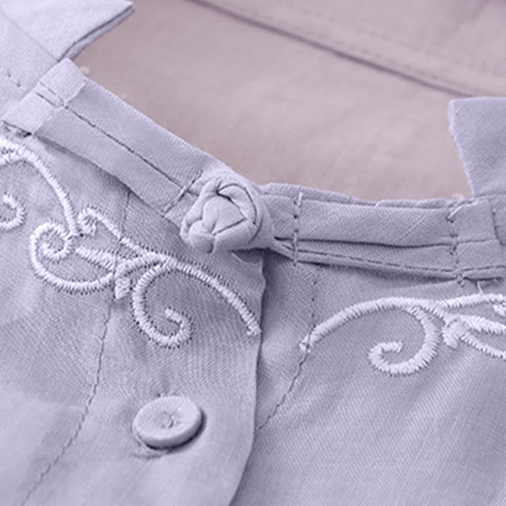 Buddha Stones Summer Casual Elegant Tang Style Vine Embroidery Crew Neck Button-Up Solid Women's Short Sleeve Shirts - image 2