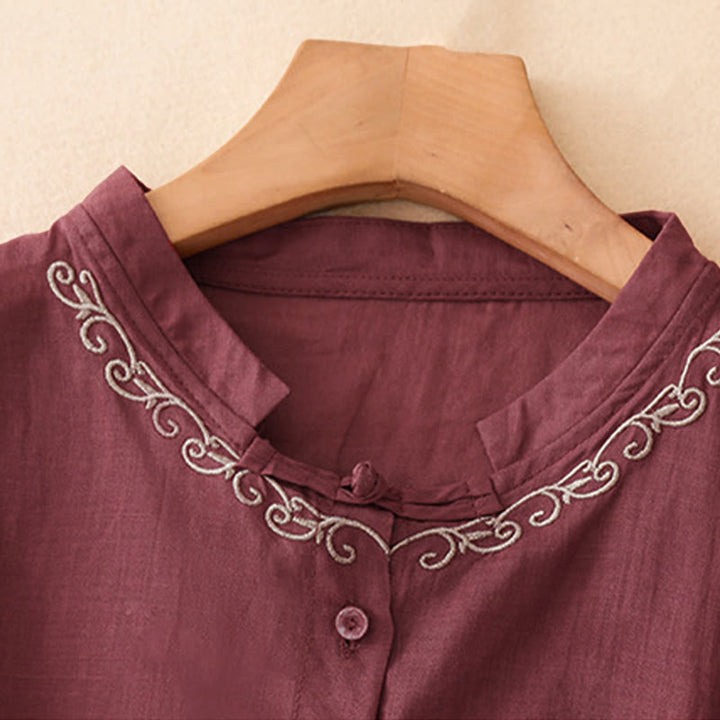 Buddha Stones Summer Casual Elegant Tang Style Vine Embroidery Crew Neck Button-Up Solid Women's Short Sleeve Shirts - image 18