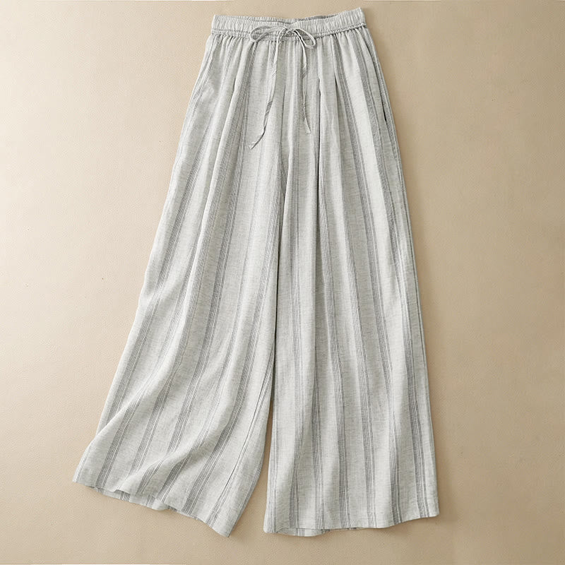 Buddha Stones Summer Casual Minimalist Drawstring Striped Long Pants Women's Wide Leg Pants With Pocket - Linen - US8-10, UK/AU12-14, EU40-42 (2XL) - image 7