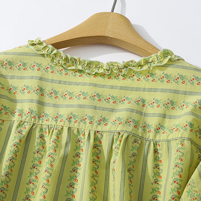 Buddha Stones Summer Casual Elegant Button-Up Floral Striped Crew Neck Women's Short Sleeve Shirts - image 3