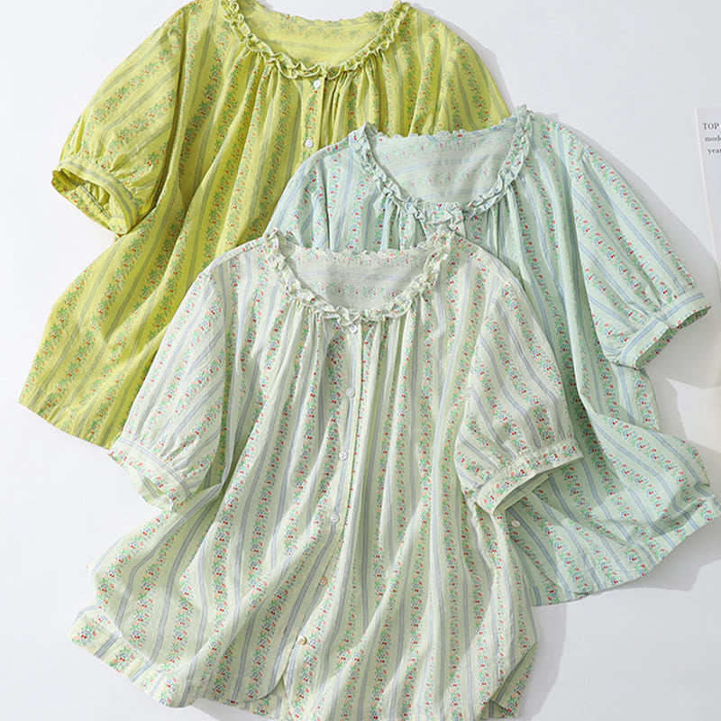 Buddha Stones Summer Casual Elegant Button-Up Floral Striped Crew Neck Women's Short Sleeve Shirts - image 27