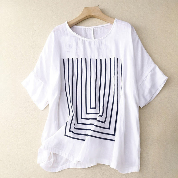 Buddha Stones Casual Line Printing Pattern Short Sleeve Cotton Linen Women's T-Shirt - White - US12，UK/AU16，EU44 (2XL) - image 11