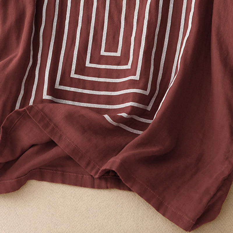 Buddha Stones Casual Line Printing Pattern Short Sleeve Cotton Linen Women's T-Shirt - image 9