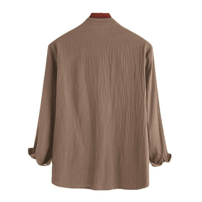 Buddha Stones Solid Color Half Buttons Long Sleeve Cotton Men's Shirts - image 7