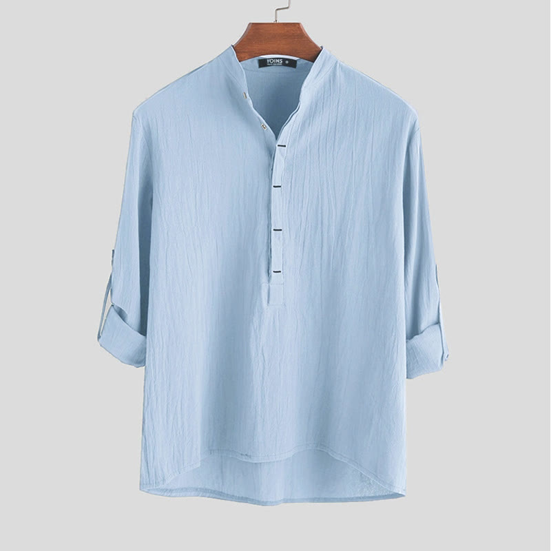 Buddha Stones Solid Color Half Buttons Long Sleeve Cotton Men's Shirts - LightSkyBlue - US/UK/AU42，EU52 (3XL) - image 3