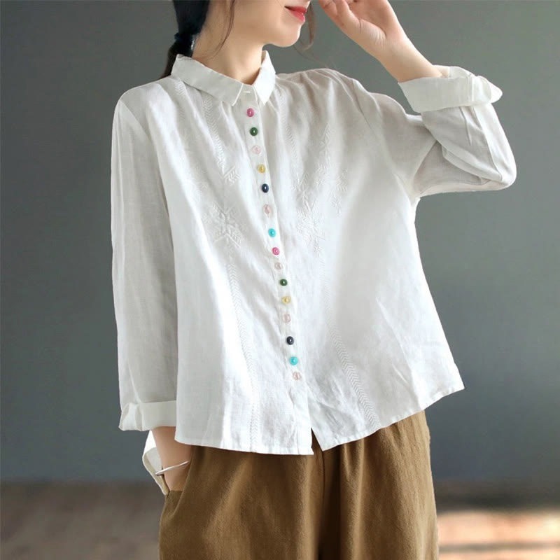 Buddha Stones Spring Embroidery Long Sleeve Colorful Button Label  Women's Shirt - White - US12，UK/AU16，EU44 (2XL) - image 5
