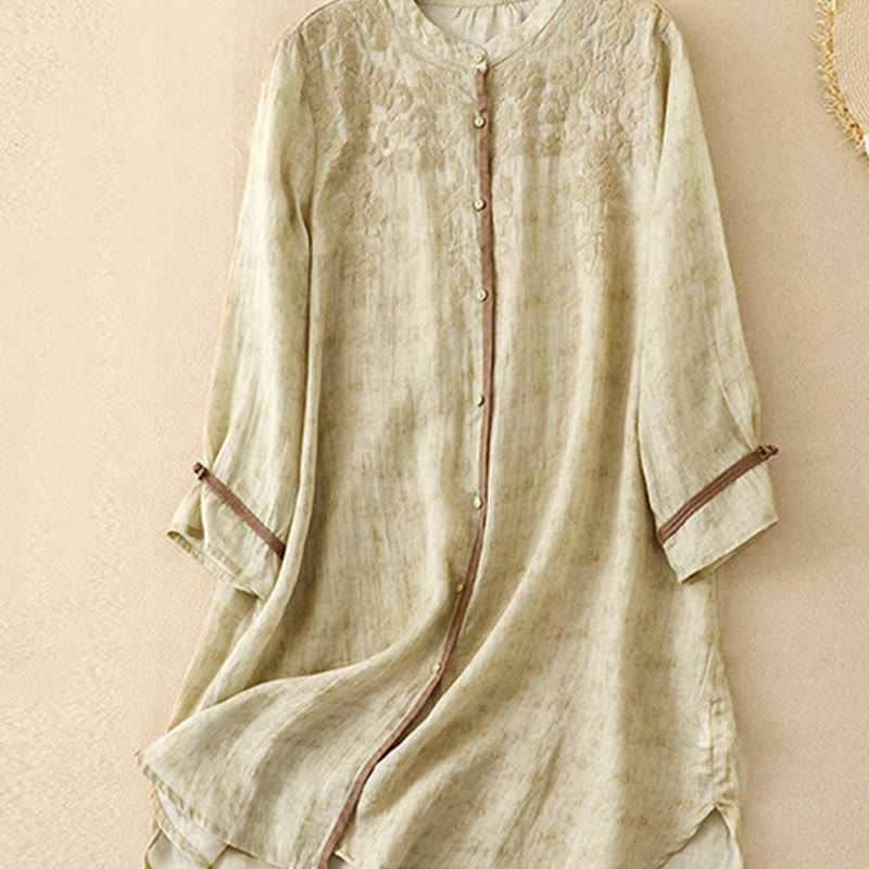 Buddha Stones Summer Casual Embroidered Stand Collar Design Three Quarter Sleeve Midi Dress - image 9