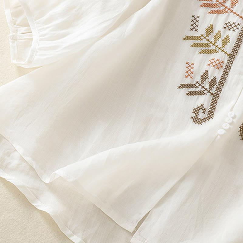 Buddha Stones Casual Artistic Embroidery Leaves Pattern Women's Three Quarter Sleeve Shirt - image 19