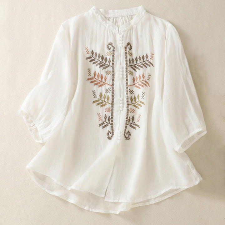 Buddha Stones Casual Artistic Embroidery Leaves Pattern Women's Three Quarter Sleeve Shirt - White - US8-10，UK/AU12-14，EU40-42 (2XL) - image 14
