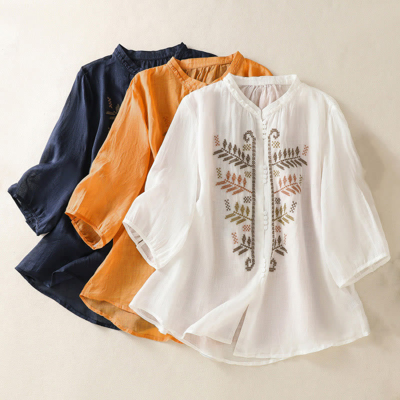 Buddha Stones Casual Artistic Embroidery Leaves Pattern Women's Three Quarter Sleeve Shirt - image 22