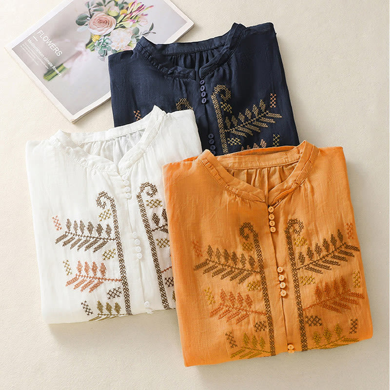 Buddha Stones Casual Artistic Embroidery Leaves Pattern Women's Three Quarter Sleeve Shirt - image 23