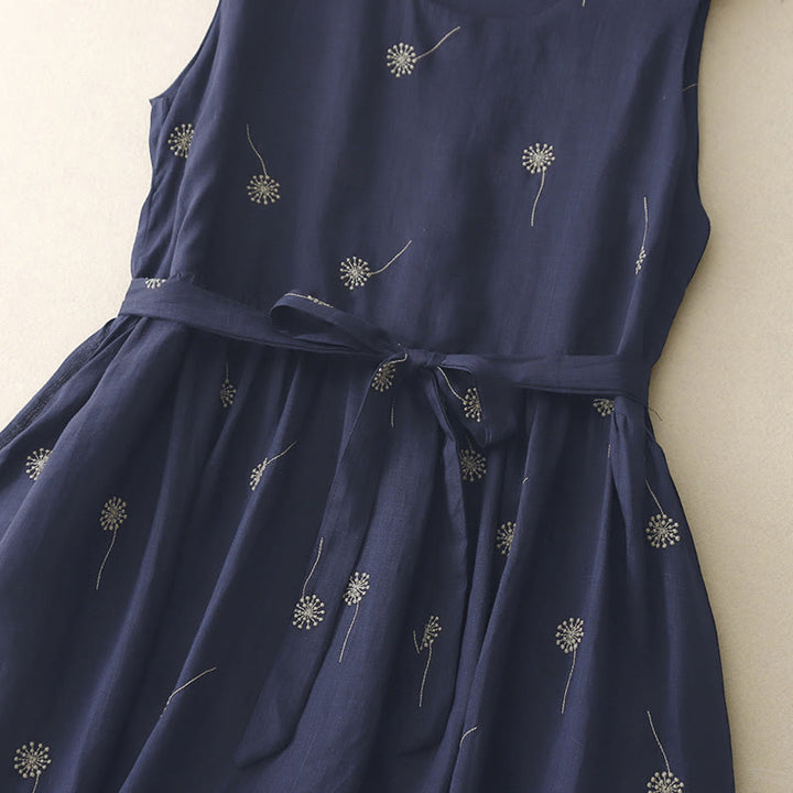 Buddha Stones MidnightBlue Printing Lace-Up Design Sleeveless Cotton Midi Dress With Pockets - image 5