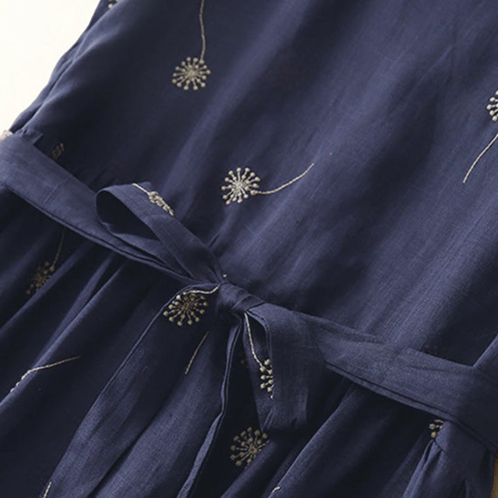 Buddha Stones MidnightBlue Printing Lace-Up Design Sleeveless Cotton Midi Dress With Pockets - image 6