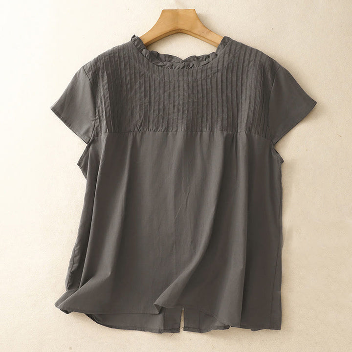 Buddha Stones Summer Pure Color Ruffled Pleated Design Women's Short Sleeve Shirt - DarkSlateGray - US6，UK/AU10，EU38 (2XL) - image 6