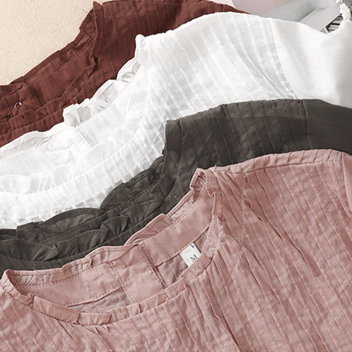 Buddha Stones Summer Pure Color Ruffled Pleated Design Women's Short Sleeve Shirt - image 19
