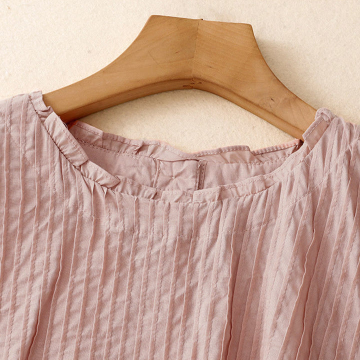 Buddha Stones Summer Pure Color Ruffled Pleated Design Women's Short Sleeve Shirt - image 2