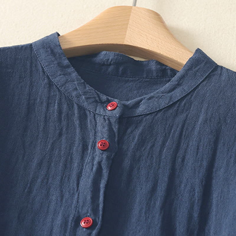 Buddha Stones Summer Plain Red Buttons Short Sleeve Women's Shirt - image 1