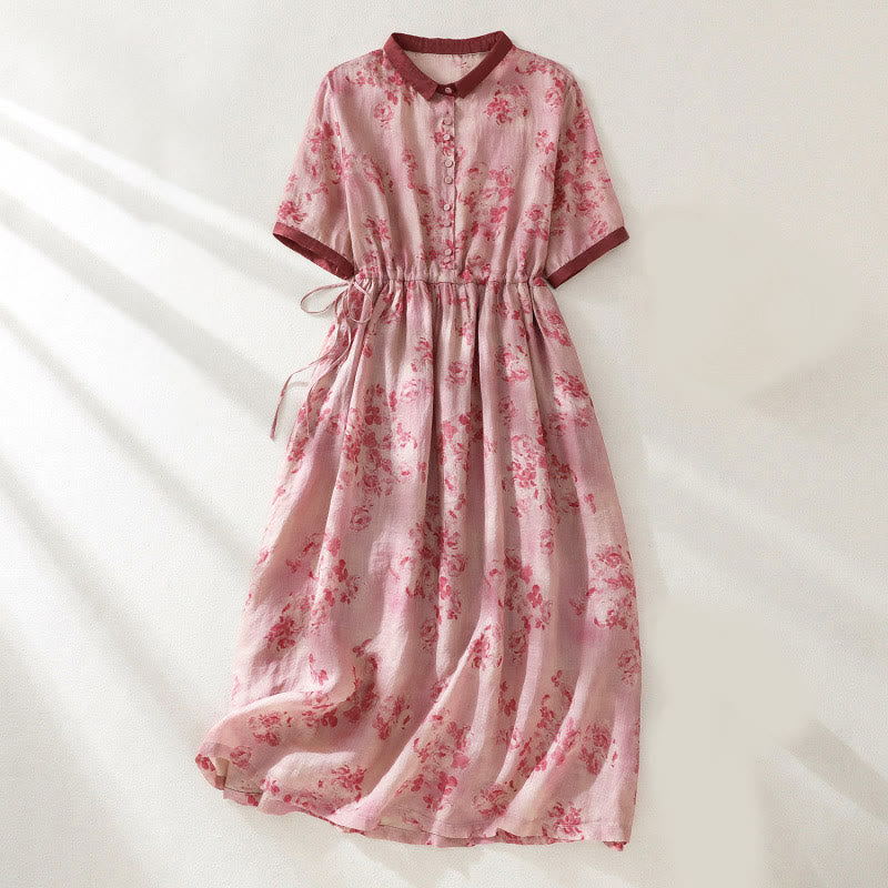 Buddha Stones Printing Buttons Drawstring High Waist Short Sleeve Midi Dress With Pockets - Salmon - US8-10，UK/AU12-14，EU40-42 (2XL) - image 0