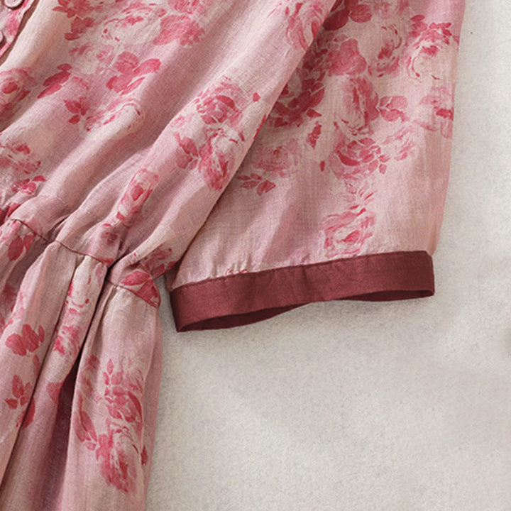 Buddha Stones Printing Buttons Drawstring High Waist Short Sleeve Midi Dress With Pockets - image 5