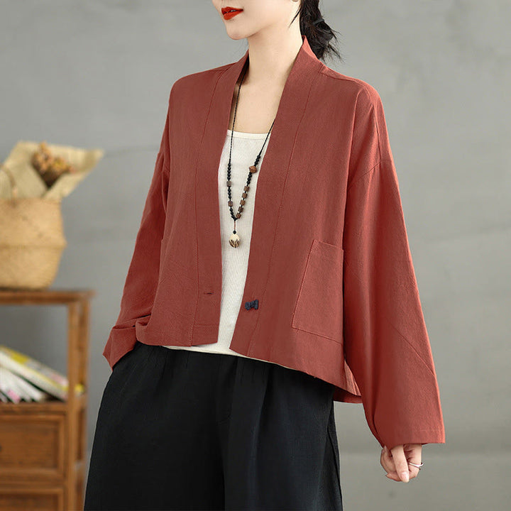Buddha Stones Casual Vintage Plain Long Sleeve Open Front Cropped Jacket With Pockets - OrangeRed - US12，UK/AU16，EU44 (2XL) - image 8