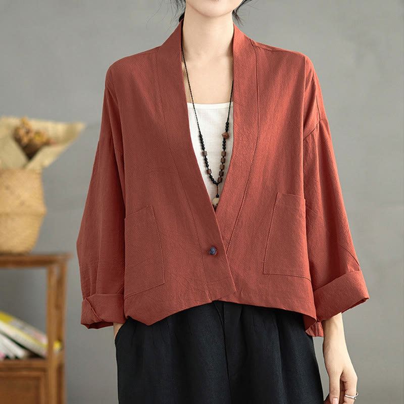 Buddha Stones Casual Vintage Plain Long Sleeve Open Front Cropped Jacket With Pockets - image 9
