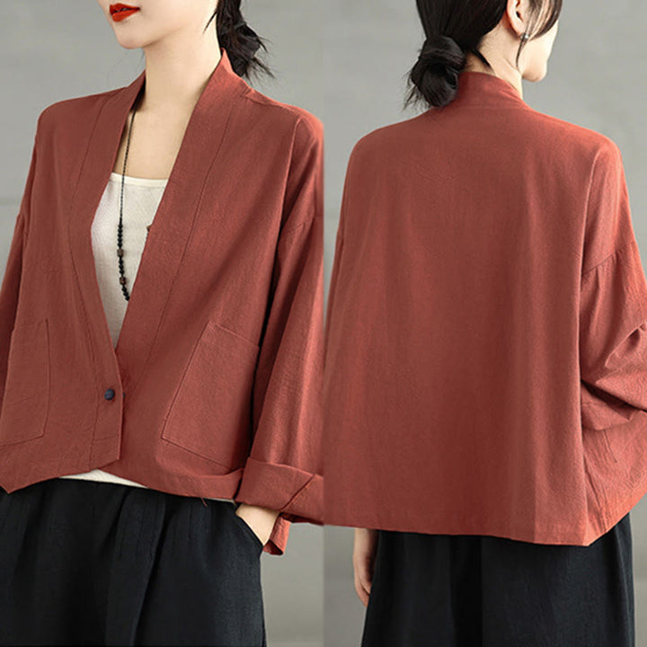 Buddha Stones Casual Vintage Plain Long Sleeve Open Front Cropped Jacket With Pockets - image 11