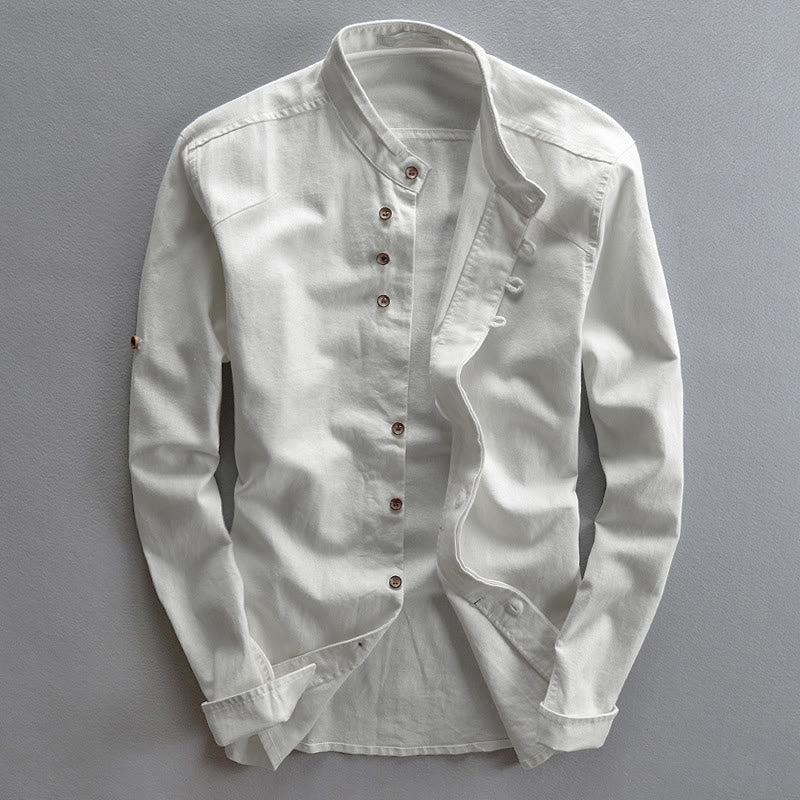Buddha Stones Slim Fit Design Stand Collar Crew Neck Cotton Linen Men's Long Sleeve Shirt - White - US/UK/AU48，EU58 (7XL) - image 3