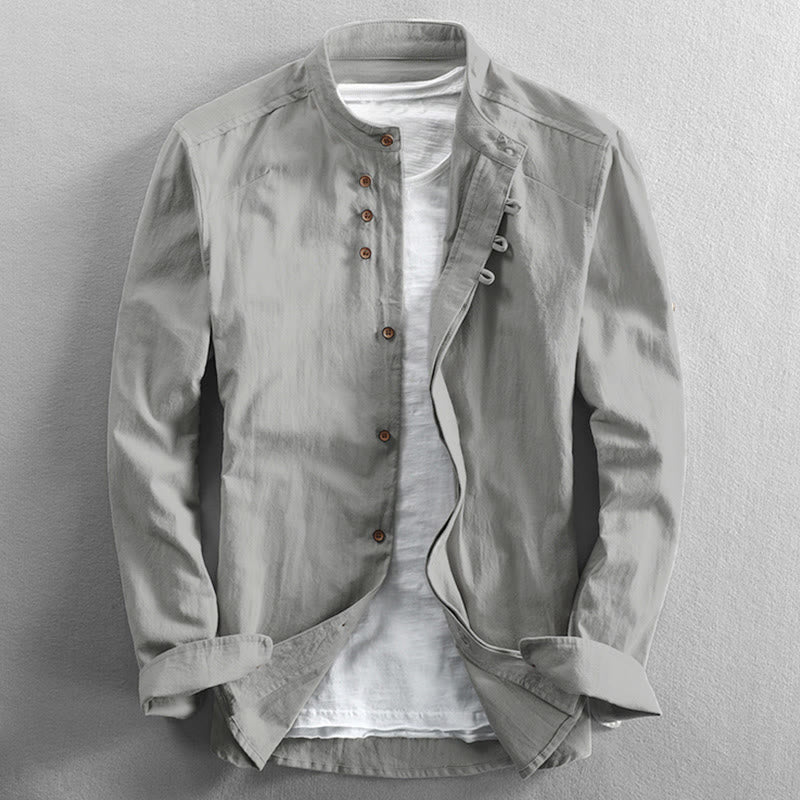 Buddha Stones Slim Fit Design Stand Collar Crew Neck Cotton Linen Men's Long Sleeve Shirt - WhiteSmoke - US/UK/AU48，EU58 (7XL) - image 12