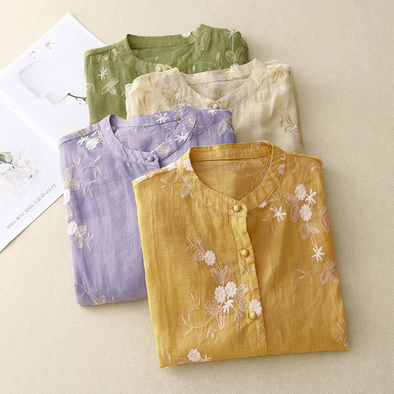 Buddha Stones Casual Embroidered Petals Spliced Women's Crew Neck Design Half Sleeve Shirt - image 17