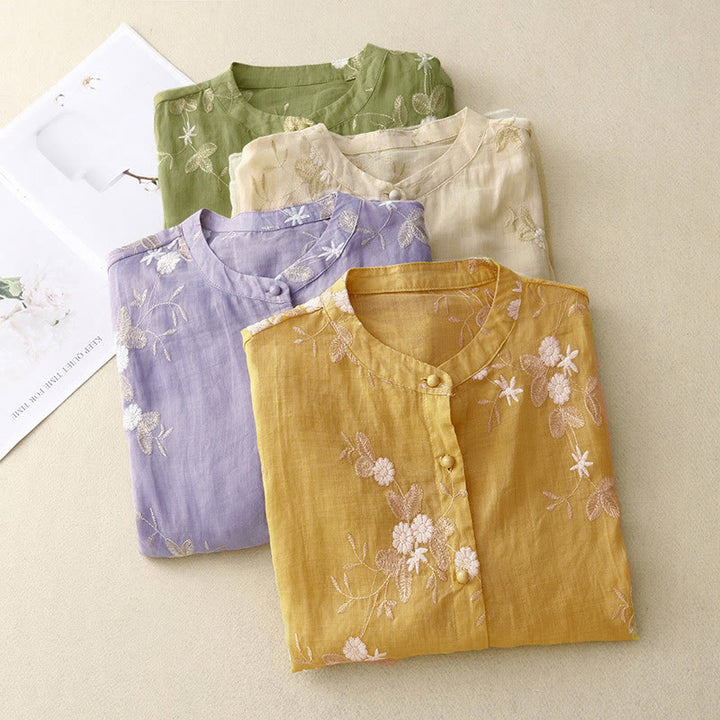 Buddha Stones Casual Embroidered Petals Spliced Women's Crew Neck Design Half Sleeve Shirt - image 17