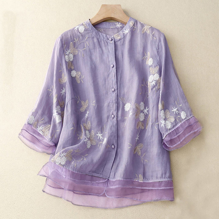 Buddha Stones Casual Embroidered Petals Spliced Women's Crew Neck Design Half Sleeve Shirt - Plum - US8-10，UK/AU12-14，EU40-42 (2XL) - image 0