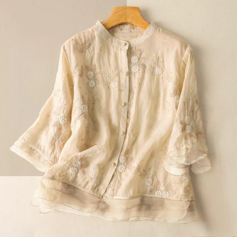 Buddha Stones Casual Embroidered Petals Spliced Women's Crew Neck Design Half Sleeve Shirt - LightYellow - US8-10，UK/AU12-14，EU40-42 (2XL) - image 3