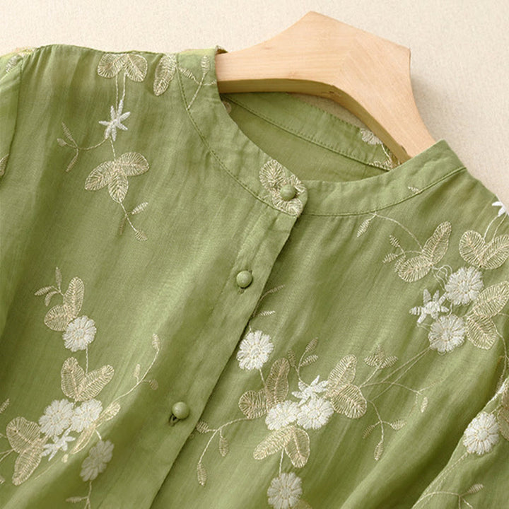 Buddha Stones Casual Embroidered Petals Spliced Women's Crew Neck Design Half Sleeve Shirt - image 13
