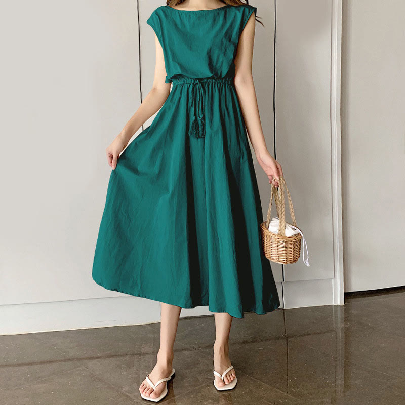 Buddha Stones Casual Eastic Waist Drawstring Design Short Sleeve Midi Dress - DarkCyan - US8-10，UK/AU12-14，EU40-42 (2XL) - image 23