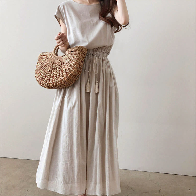 Buddha Stones Casual Eastic Waist Drawstring Design Short Sleeve Midi Dress - image 4