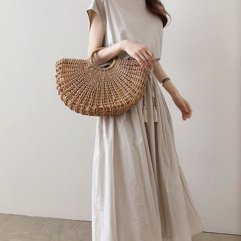 Buddha Stones Casual Eastic Waist Drawstring Design Short Sleeve Midi Dress - image 7