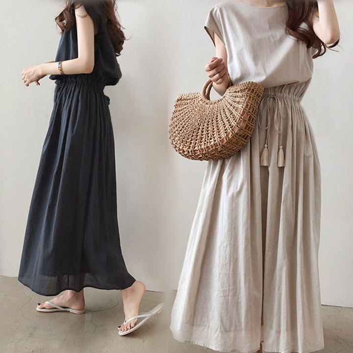 Buddha Stones Casual Eastic Waist Drawstring Design Short Sleeve Midi Dress - image 11