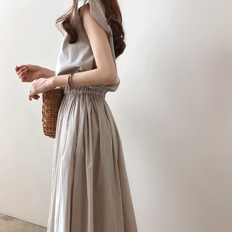 Buddha Stones Casual Eastic Waist Drawstring Design Short Sleeve Midi Dress - image 5