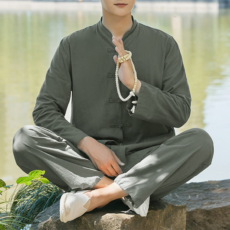 Buddha Stones Spiritual Zen Practice Yoga Meditation Prayer Clothing Cotton Linen Men's Set - Dark Green - US/UK/AU48，EU58 (6XL) - image 0