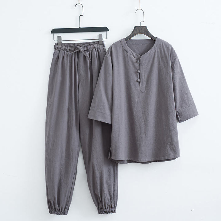 Buddha Stones Solid Color Traditional Short Sleeve T-shirt Pants Clothing Men's Set - Gray(Top&Pants) - US/UK/AU44，EU54 (4XL) - image 7