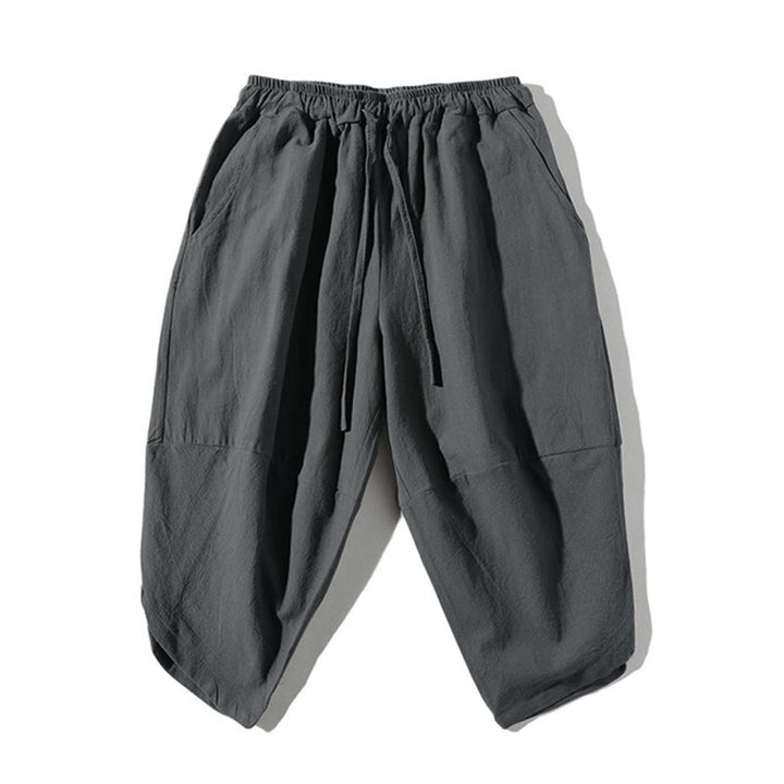 Buddha Stones 2Pcs Plain Notched Collar T-Shirt Wide Leg Shorts With Pockets Men's Meditation Cloth Set - image 3