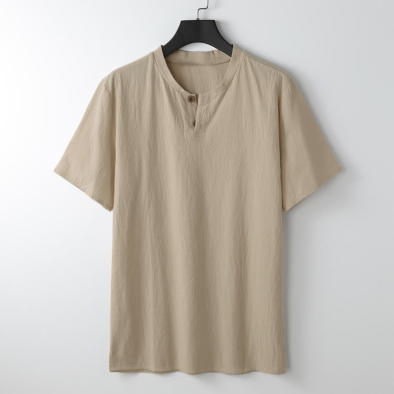 Buddha Stones Loose Men's T-shirt Solid Color Top Short Sleeve Button Notched Neck Soft Shirt - Moccasin - US/UK/AU54，EU64 (9XL) - image 8