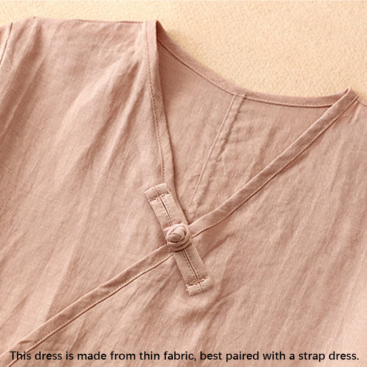 Buddha Stones Summer V-Neck Frog-Button Short Sleeve Cotton Linen Women's Midi Dress - image 3