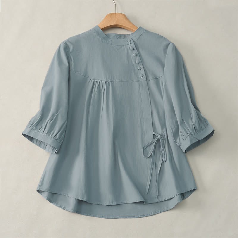 Buddha Stones Lace-up Buttons Design Women's Three Quarter Sleeve Shirt - LightBlue - US14，UK/AU18，EU46 (2XL) - image 0