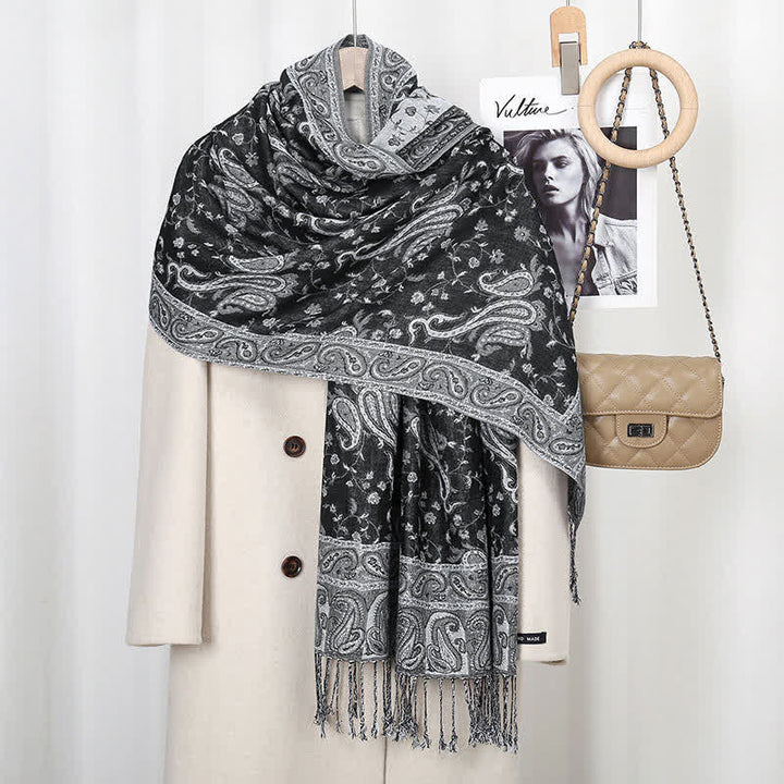 Buddha Stones Tibetan Cashew Flower Vine Print Tassels Shawl Fall Winter Soft Scarf Wrap - Black Gray - image 5