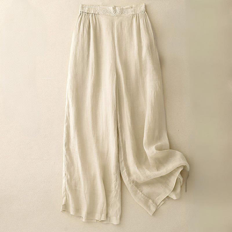Buddha Stones Geometric Embroidery Elastic Waist Women's Cotton Linen Wide Leg Pants With Pockets - Beige - US12，UK/AU16，EU44 (2XL) - image 11