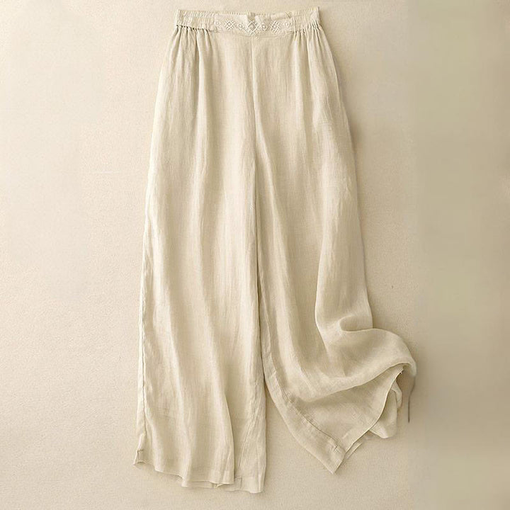 Buddha Stones Geometric Embroidery Elastic Waist Women's Cotton Linen Wide Leg Pants With Pockets - Beige - US12，UK/AU16，EU44 (2XL) - image 11