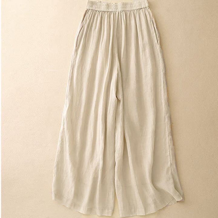 Buddha Stones Geometric Embroidery Elastic Waist Women's Cotton Linen Wide Leg Pants With Pockets - image 12