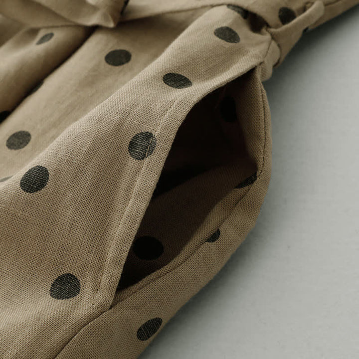 Buddha Stones Summer Polka Dot V-Neck Lace-up Cotton Linen Women's Midi Dress With Pockets - image 4