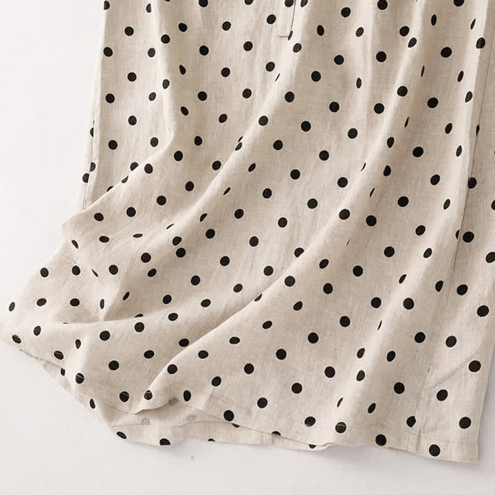 Buddha Stones Summer Polka Dot V-Neck Lace-up Cotton Linen Women's Midi Dress With Pockets - image 17
